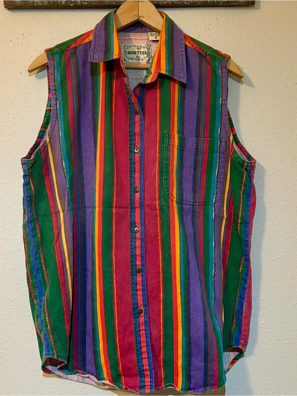 Vintage Rosettes Striped Sleeveless Button Up Shirt - Size M
